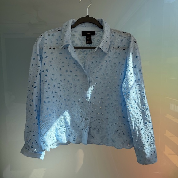 RAIN Eyelet Embroidered Baby Blue Business Casual Top - Picture 2 of 4